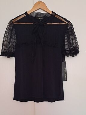 Always Indigo, Black  Sheer Puff Sleeve Tie-Front Blouse
